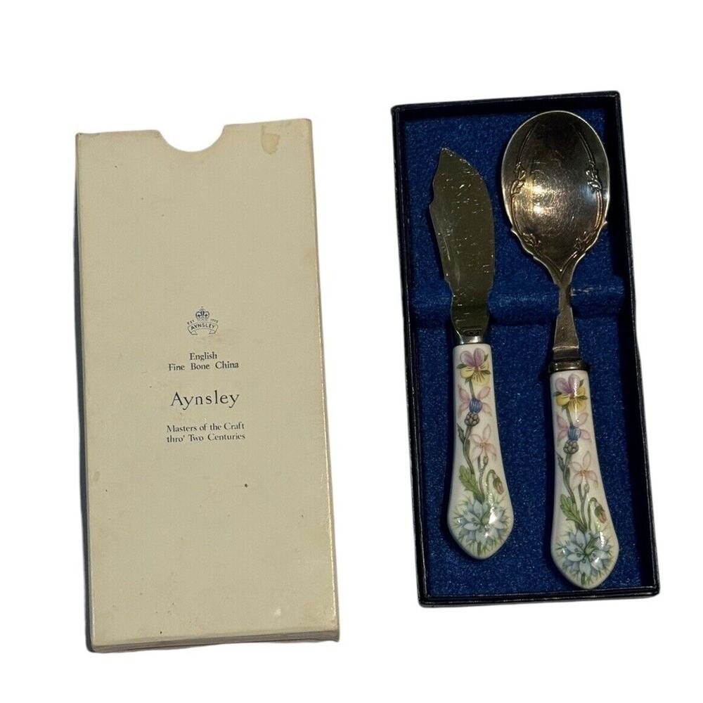 Aynsley Jam Spoon and Butter Knife Boxed Set w/Porcelain Handles VTG‎ England